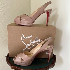 Christian Louboutin tan platform peep toe sling back heels size 39.5.
